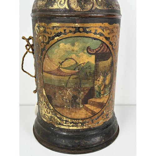 540 - A Continental painted tea canister, converted to a lamp, 77 cm high