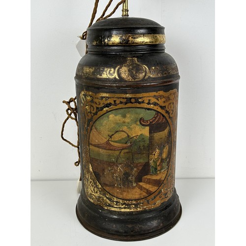 540 - A Continental painted tea canister, converted to a lamp, 77 cm high