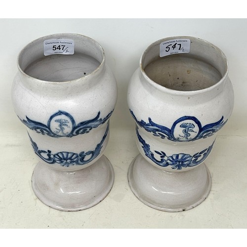 547 - A pair of 19th century Continental Delft apothecary jars, 20 cm high