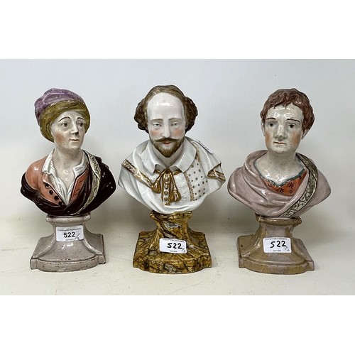 522 - A 19th century Staffordshire porcelain bust, of Shakespeare, 26 cm high, and two other similar potte... 