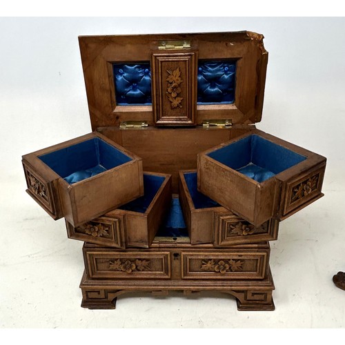 528 - A Black Forest style desk stand, with glass inkwells, 20 cm high, a similar jewellery box, 30 cm hig... 