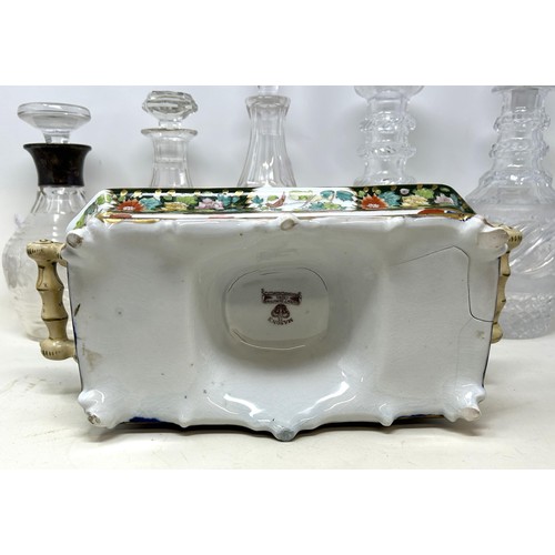 530 - A Mason's stoneware inkstand, 34 cm diameter, a pair of Karl Ens porcelain cockerels, and five decan... 