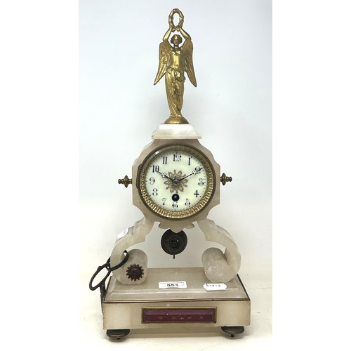 553 - A mantel clock, with a single train movement, in an alabaster case, with gilt metal finial, 54 cm hi... 