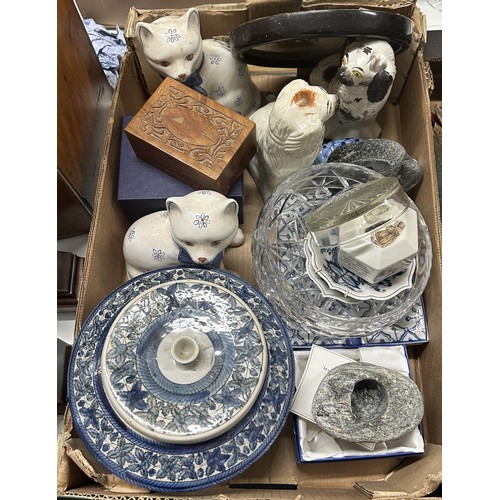 584 - A pair of porcelain cats, a carved Eastern sculpture, assorted ceramics and other items (2 boxes)