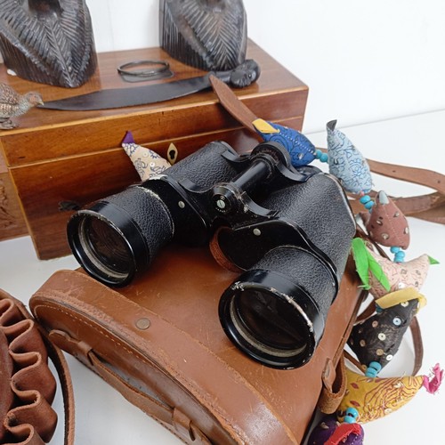 576 - A 19th century mahogany tea caddy, a pair of binoculars, and other items (box)