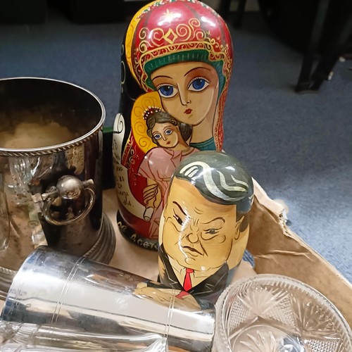 579 - ***Withdrawn*** A novelty Russian doll, of past rulers, and assorted other items (3 boxes)