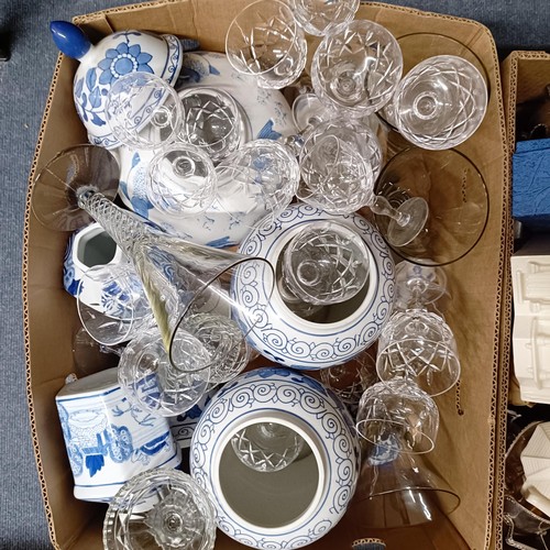 568 - A pair of blue and white vases, and assorted other items (3 boxes)