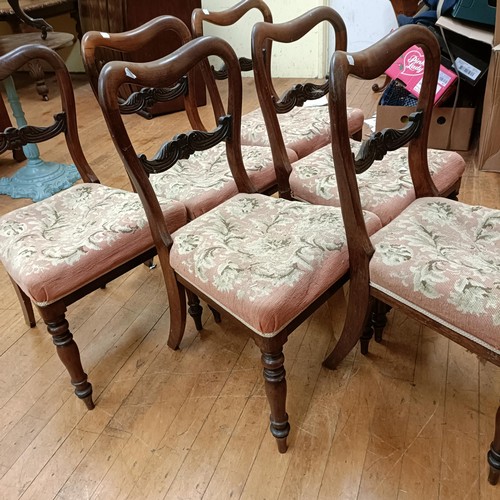 753 - A set of six mahogany balloon back dining chairs, with upholstered seats, on turned legs