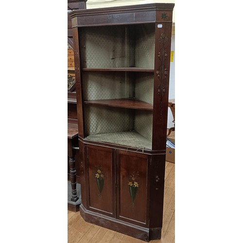 763 - A mahogany corner cabinet, painted flowers, 190 cm high x 83 cm wide