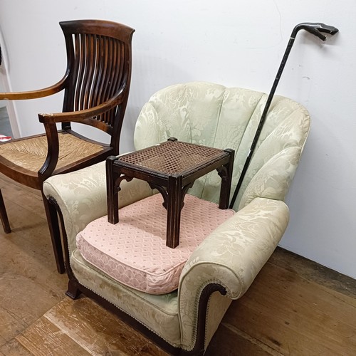 798 - An armchair, another, a stool, and a walking stick.