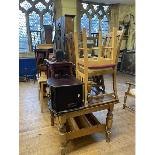 793 - An oak bureau bookcase, a pine chest, a corner cupboard, a faux log burner, a kitchen table, a red g... 