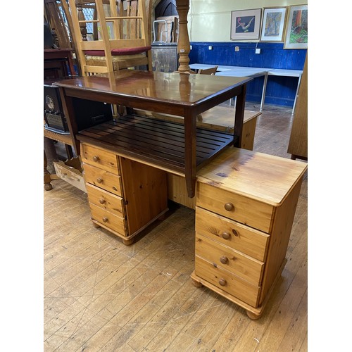 793 - An oak bureau bookcase, a pine chest, a corner cupboard, a faux log burner, a kitchen table, a red g... 