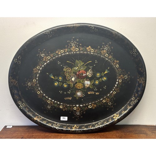 745 - An early 20th century papier mache tray, decorated flowers, 75 x 90 cm, and a vintage ceramic jelly ... 