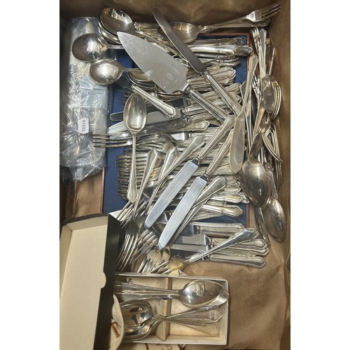 589 - A vintage first aid kit and contents, assorted silver plate cutlery and flatware, and other items (q... 