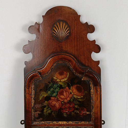 629 - A Georgian style mahogany fret frame mirror, painted flowers, 80 x 23 cm