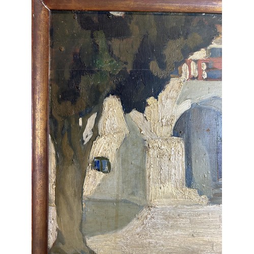 306 - Eglantine (?) Hooper, Courtyard of a Greek Monastry, oil on board, indistinctly signed, inscribed ve... 