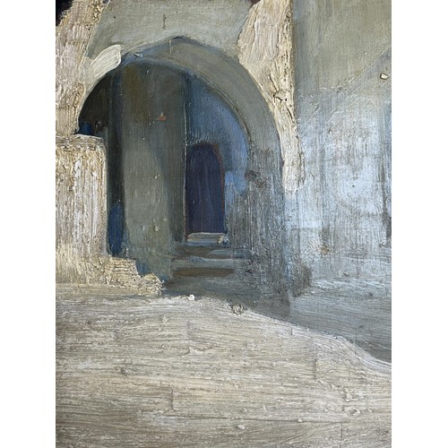 306 - Eglantine (?) Hooper, Courtyard of a Greek Monastry, oil on board, indistinctly signed, inscribed ve... 