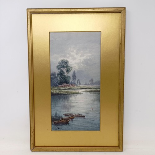 304 - Bunyon, lake scene with a boat, watercolour, signed, 29 x 15 cm, and its pair (2)