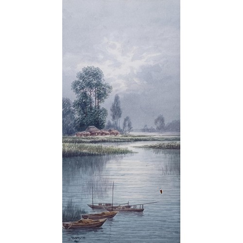 304 - Bunyon, lake scene with a boat, watercolour, signed, 29 x 15 cm, and its pair (2)