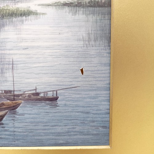 304 - Bunyon, lake scene with a boat, watercolour, signed, 29 x 15 cm, and its pair (2)