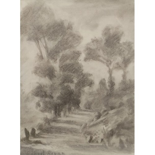 735 - A portrait print, 36 x 26 cm, two other prints, Robert Beran, a view from a mountain, charcoal, sign... 