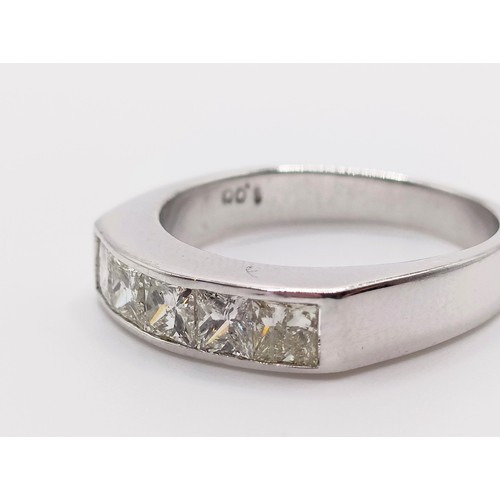 10 - A certificated 18ct white gold five stone, princess cut, channel rub over-set diamond ring, diamonds... 