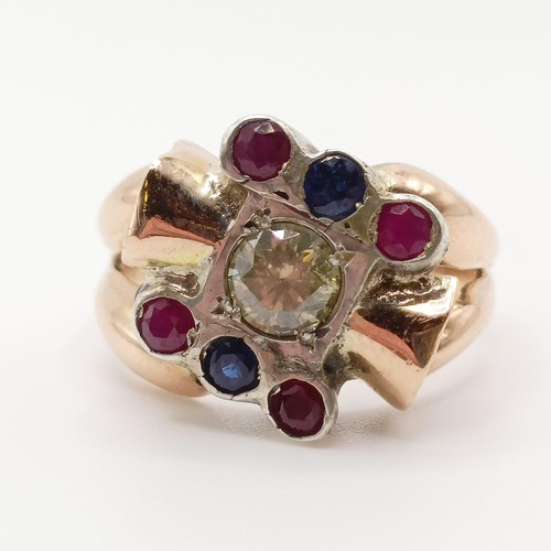 40 - A certificated 9ct yellow and white gold ring, set with an RBC diamond (0.50ct), two R/C rubies (0.1... 