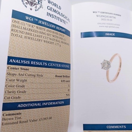 70 - A certificated 18ct white and rose gold RBC diamond solitaire ring, diamond 0.93ct