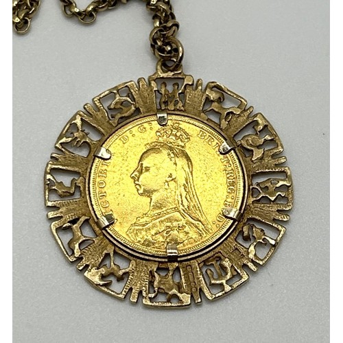 95 - A Victorian gold sovereign, 1892, set in a 9ct gold mount, decorated zodiac symbols, on a 9ct gold c... 