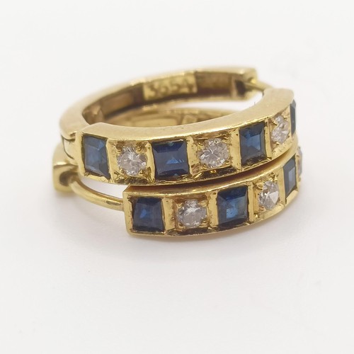 146 - A pair of 18ct gold, diamond and sapphire hoop earrings