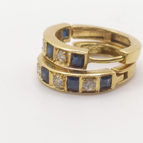 146 - A pair of 18ct gold, diamond and sapphire hoop earrings