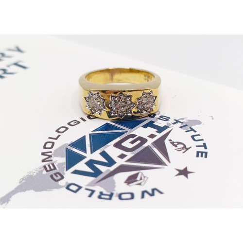 158 - A certificated 9ct yellow gold gypsy star-set ring, with three RBC diamonds, diamonds 1.06ct