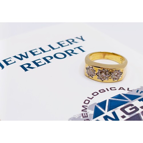 158 - A certificated 9ct yellow gold gypsy star-set ring, with three RBC diamonds, diamonds 1.06ct