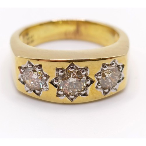 158 - A certificated 9ct yellow gold gypsy star-set ring, with three RBC diamonds, diamonds 1.06ct