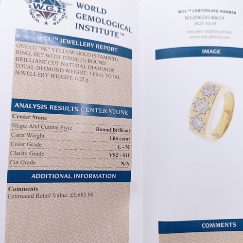 158 - A certificated 9ct yellow gold gypsy star-set ring, with three RBC diamonds, diamonds 1.06ct