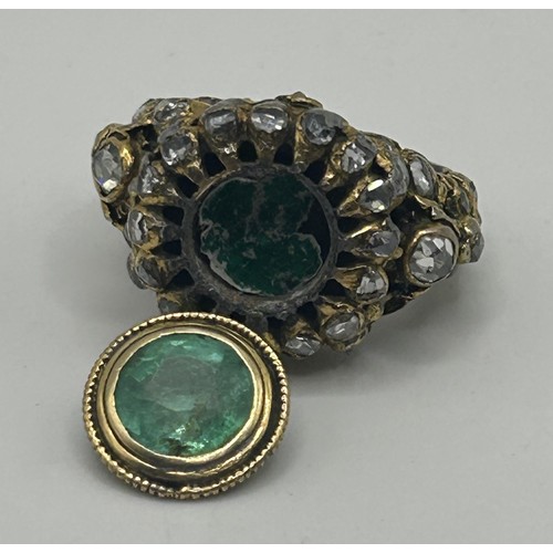 161 - A yellow coloured metal, rose cut diamond and green stone ring, possibly 17th century