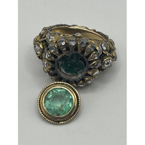 161 - A yellow coloured metal, rose cut diamond and green stone ring, possibly 17th century