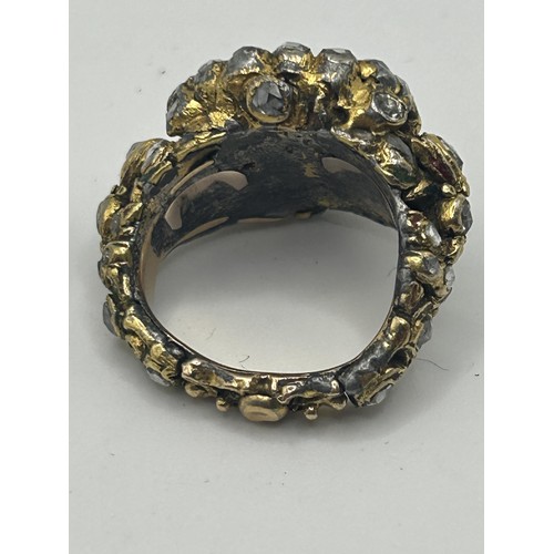 161 - A yellow coloured metal, rose cut diamond and green stone ring, possibly 17th century