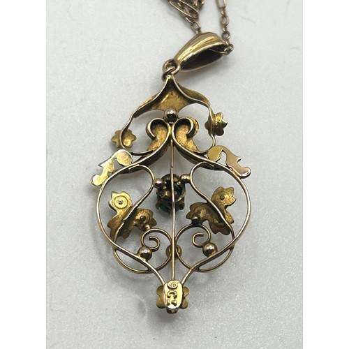 177 - An Art Nouveau 9ct gold, turquoise and seed pearl pendant, on a 9ct gold chain