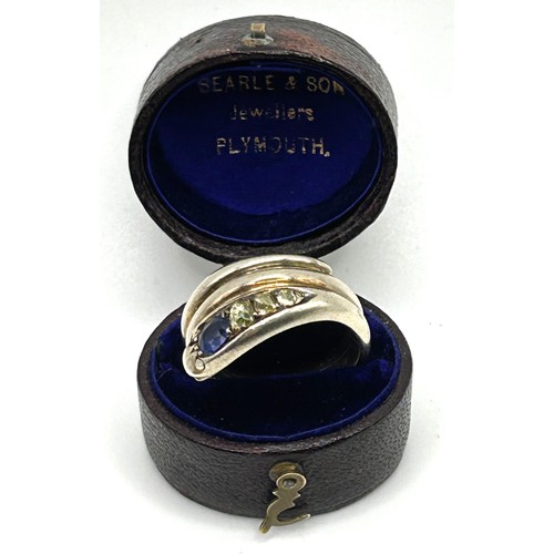 200 - A white coloured metal, diamond and sapphire serpent ring, ring size R, in a vintage jewellery box