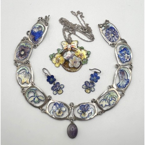 214 - A silver and enamel necklace, decorated flowers, and matching earrings, and  a pendant  on chain, al... 