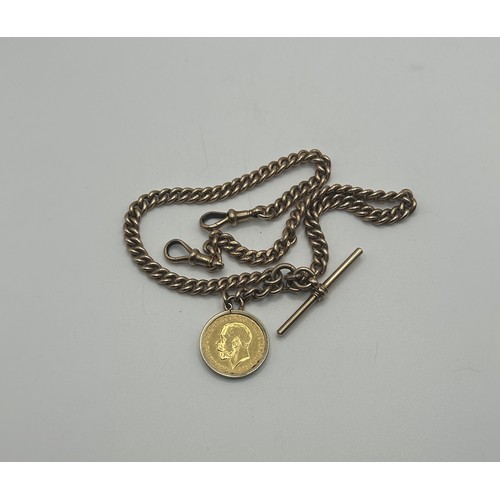 6 - A 9ct gold Albert, with a George V gold sovereign, 1911 charm, all in 54 g, 41 cm length