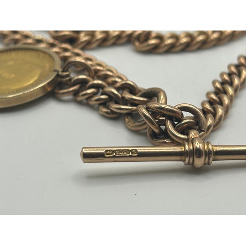 6 - A 9ct gold Albert, with a George V gold sovereign, 1911 charm, all in 54 g, 41 cm length