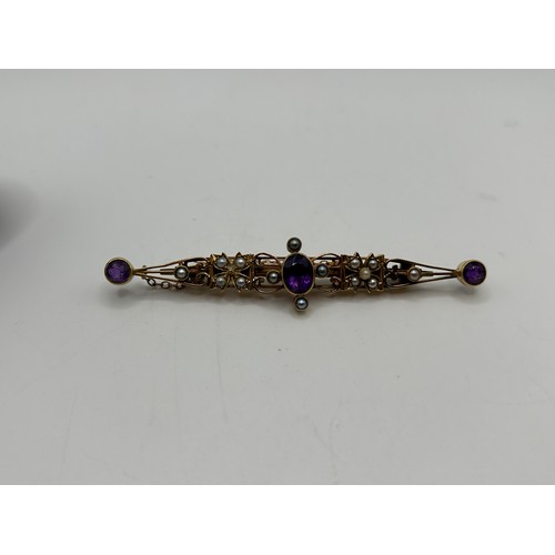 7 - A late 19th/early 20th century, amethyst and seed pearl bar brooch, in a vintage jewellery box