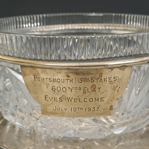 351 - A silver plated and cut glass trophy bowl, with greyhound handles, 37 cm wide