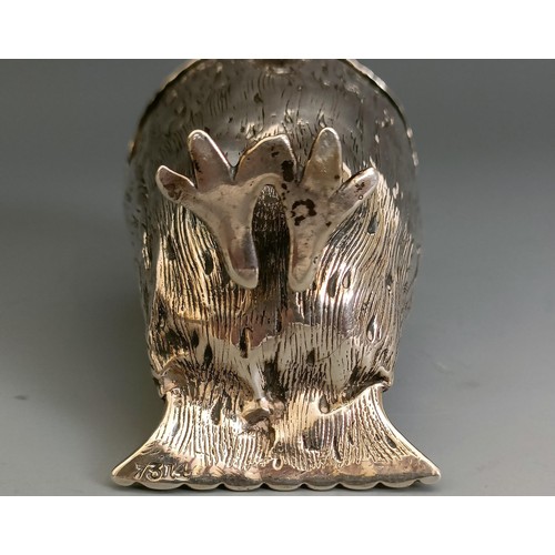 358 - A silver coloured metal novelty mustard, in the form of an owl, with glass eyes, 9 cm high