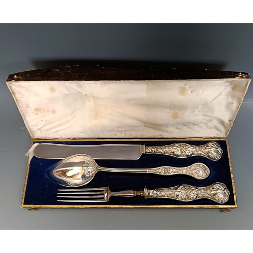 368 - A Continental silver christening set, comprising a knife, fork and spoon, cased, case decorated with... 