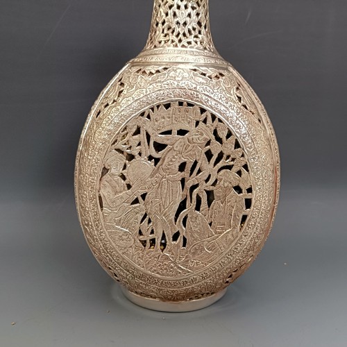 370 - A Persian silver and glass decanter, decorated figures, 25 cm high