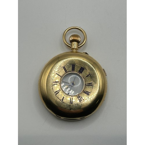 313 - An 18ct gold half hunter chronograph pocket watch, cased