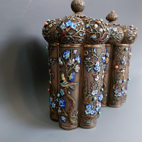 393 - A pair of Chinese silver and enamel caddies, decorated flowers and birds, all in 1,076.9 g, 20 cm hi... 